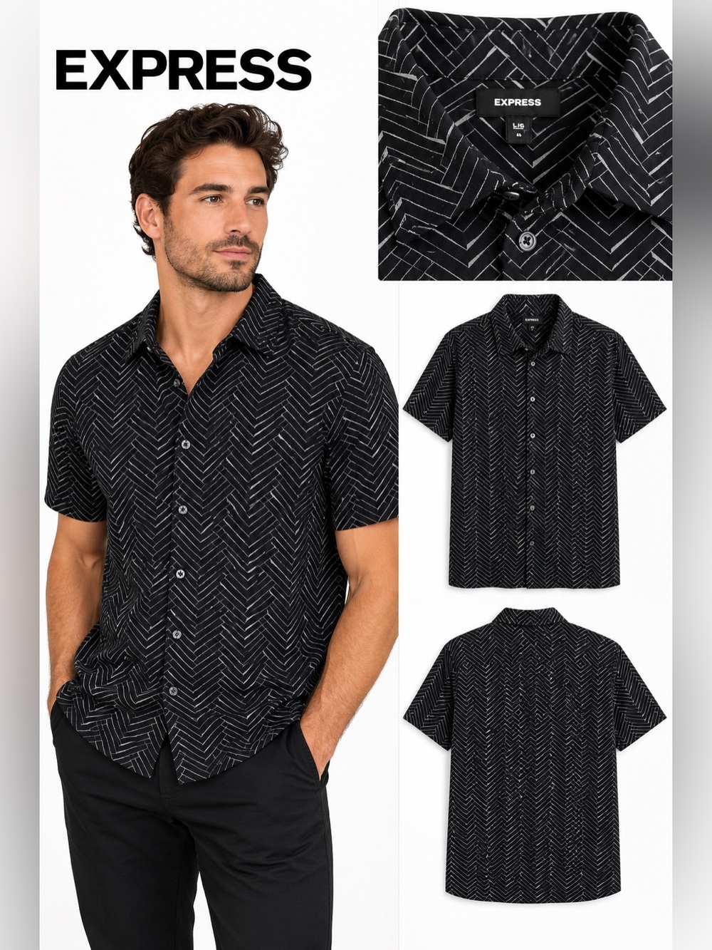 Express Men's Black Short-Sleeve Button-Up Shirt with White Chevron Pattern